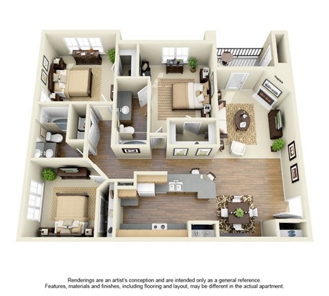 Floor plan for 3 beds, 2 baths, 1325 sqft